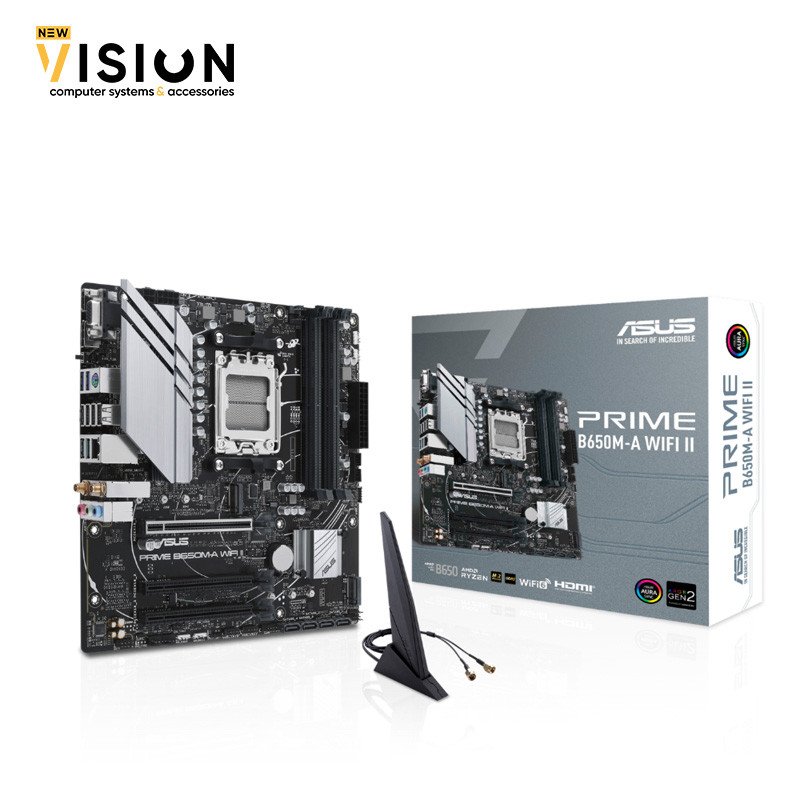 ASUS PRIME B650M-A WIFI II Micro-ATX motherboard DDR5-4 ASUS PRIME B650M-A WIFI II Micro-ATX motherboard DDR5 — PCIe 5.0 M.2 support, Realtek 2.5Gb Ethernet, Wi-Fi 6, DisplayPort, VGA, HDMI, SATA 6 Gbps, USB 3.2 Gen 2 ports, front USB 3.2 Gen 1 Type-C, BIOS FlashBack, Aura Sync - الصورة 1